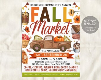 May include: A flyer for Brookside Community's Annual Fall Market on Saturday, 28 September, from 1:30 PM to 5:30 PM at Brookside Elementary Parking Lot. It features a brown truck, pumpkins, apples, candles, and autumn flowers.