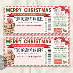 Modèle modifiable de carte d'embarquement à partir du billet cadeau du père Noël, vacances surprise de Noël pour les enfants, billet de voyage cadeau révélateur de voyage de Noël