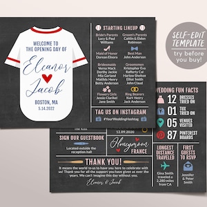 Sjabloon voor een honkbalbruiloftsprogramma, bewerkbaar infografisch bruiloftsprogramma, rustiek sportthema voor een bruiloft, niet-traditionele bruiloft