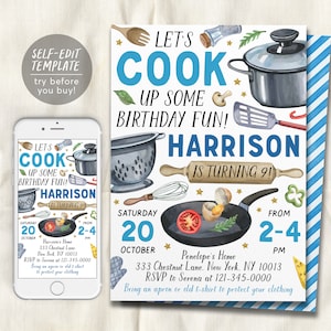 Cooking Party Birthday Invitation Editable Template, Kids Cooking Class Invite, Boy Chef Kitchen Baking Party Evite, Little Chef Printable
