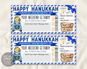 Happy Hanukkah Weekend Getaway Voucher Editable Template, Surprise Chanukah Vacation Travel Ticket Gift Certificate Road Trip Staycation