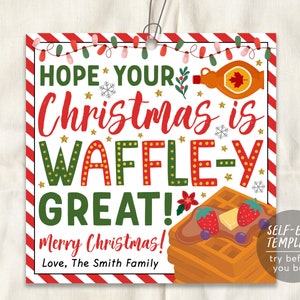Wafel Kerstcadeau Tag Bewerkbare sjabloon, Ik hoop dat je kerst WAFFLE-Y geweldig is, Wafel Stroopwafel Ontbijt Tag Personeel Kerstwaardering