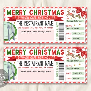 Christmas Restaurant Gift Voucher Editable Template, Xmas Holiday Dinner Date Gift Certificate Invite Printable Winter Dining Night Out Gift