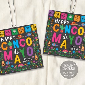 Happy Cinco De Mayo Gift Tag bewerkbare sjabloon, Fiesta Mexicaans thema Cactus Dank u gunst Tags Label Klant Klant Tequila Drink Tag