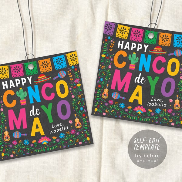 Happy Cinco De Mayo Gift Tag Editable Template, Fiesta Mexican Themed Cactus Thank You Favor Tags Label Customer Client Tequila Drink Tag