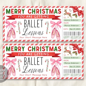 Modèle modifiable de billet de cours de ballet de Noël, chèque-cadeau de cours de ballet de vacances surprise pour enfants, coupon de cours de danse
