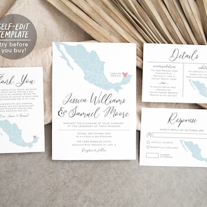 Editable Mexico Map Wedding Invitation Suite Template, Destination Wedding Invitation Set Printable, Cabo Carmen Cancun Beach, Travel Theme