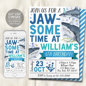 Shark Birthday Invitation Editable Template, Jawsome Shark Attack Party Invite, Sharktastic Underwater Under The Sea Pool Party Ocean Evite