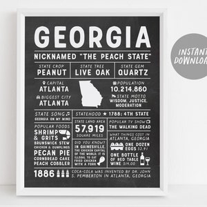 Georgia State Wall Art Sign Poster Infographic, Chalkboard Virginia Map, Atlanta, États américains, Cadeau pour hommes, Faits sur l’État, Cadeau de pendaison de crémaillère