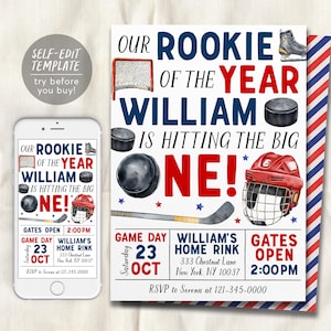 Ice Hockey First Birthday Invitation Editable Template, Rookie Of The Year Ice Skating Rink Hockey Invite, Boy Sports It&#39;s Game Time Evite