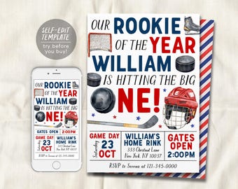Plantilla editable para invitación de primer cumpleaños de hockey sobre hielo, invitación de novato del año para patinaje sobre hielo, es hora de jugar a deportes para niños