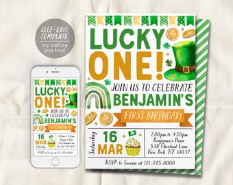 May include: A birthday invitation template featuring green and gold text that reads LUCKY ONE! JOIN US TO CELEBRATE BENJAMIN'S FIRST BIRTHDAY! The design includes watercolor illustrations of a green top hat, gold coins, and a cupcake.