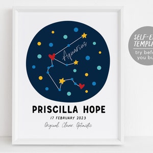 Aquarius Zodiac New Baby Gift Editable Template, Astrological Star Sign, Constellation Art Print, Astrology Nursery Wall Decor Printable