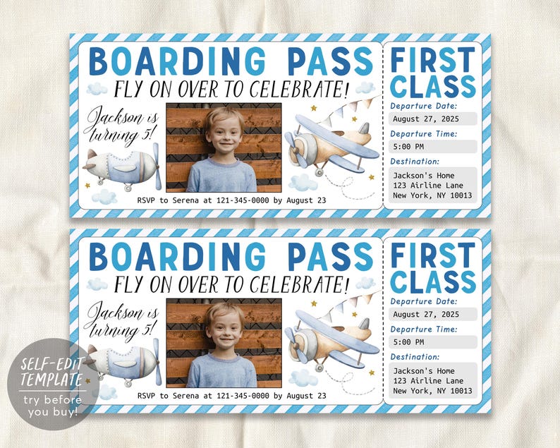 Take Flight Invite Airplane Birthday Ticket Invitation With Photo Editable Template, Boy ...