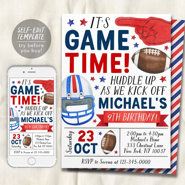 Football Birthday Invitation Editable Template, Boy Football Theme Party Invite, Kids Sports Theme It's Game Time Evite, American Football