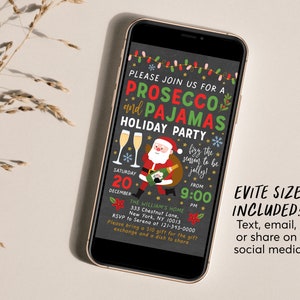 Op de afbeelding: Een digitale uitnodiging voor een kerstfeest met de tekst "Kom gezellig mee naar een Prosecco- en pyjama-kerstfeest" met een cartoon-kerstman die een fles champagne en een glas champagne vasthoudt. De uitnodiging bevat de datum, tijd, locatie en RSVP-informatie. De tekst "Evite-formaat inbegrepen! Tekst, e-mail of deel op sociale media" is ook inbegrepen.