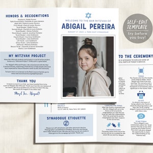 Puede incluir: Un programa azul y blanco para una celebración de Bar Mitzvah. El programa presenta una foto de la joven, Abigail Pereira, y detalles sobre la ceremonia, incluida la lectura de la Torá y las Aliyot. El programa también incluye información sobre la etiqueta de la sinagoga y la fecha del evento, 17 de agosto de 2023.