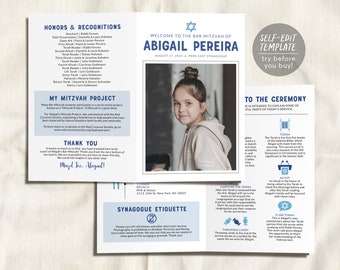 Editable Jewish Bar or Bat Mitzvah Bifold Program Infographic Template, Modern Mitzvah Itinerary Timeline Booklet, Hotel Welcome Bag Note