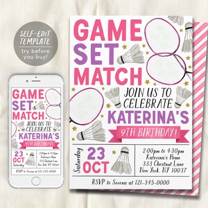 Badminton Birthday Invitation Editable Template, Girl Badminton Party Invite, Kids Sports Theme Evite, Game Match Tournament Shuttlecock