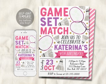 Plantilla editable de invitación de cumpleaños de bádminton, invitación a fiesta de bádminton para niñas, tema deportivo para niños Evite, volante de torneo de partidos de juego