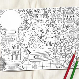 Winter ONEderland Birthday Coloring Page Placemat For Kids Editable Template, Christmas Wonderland Holiday Favors 1st Birthday Party Favors