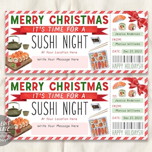 Sushi Night Ticket Gutschein bearbeitbare Vorlage, Weihnachtsüberraschungs-Sushi-Date-Night-Coupon, japanisches Restaurant-Date-Geschenkgutschein