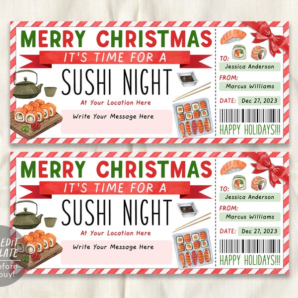 Sushi Night Ticket Voucher Editable Template, Christmas Surprise Sushi Date Night Coupon, Japanese Restaurant Dinner Date Gift Certificate