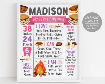 S'mores First Year Milestone Sign Editable Template, Bonfire Smore Campfire Birthday Party Birth Stat,  Backyard Camping One Year Board
