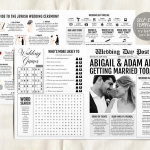 May include: A black and white wedding newspaper-themed template with the headline "ABIGAIL & ADAM ARE GETTING MARRIED TODAY." Includes wedding timeline, games, and a guide to the Jewish wedding ceremony. The template is a self-edit design.