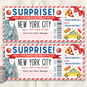 Plantilla editable de boleto de viaje a la ciudad de Nueva York, certificado de regalo de vacaciones de viaje sorpresa, viaje a Nueva York para la revelación del aniversario de San Valentín de cumpleaños