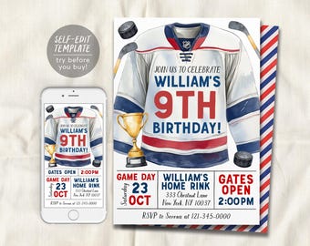 Plantilla editable de invitación de cumpleaños de hockey, invitación con tema de camiseta de hockey sobre hielo para niños en la pista de patinaje sobre hielo, trofeo de palo de disco para el tiempo del juego deportivo