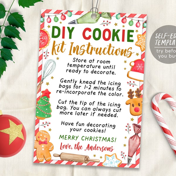 Christmas DIY Cookie Kit Instructions Gift Tag Editable Template, Holiday Cookie Decorating Party Kit Card Printable Baking Treat Favor Tags