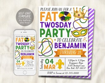 May include: A Fat Twosday party invitation for Benjamin turning 2, featuring a king cake, gold crown, green mask, and purple, green, and gold beads. The text includes date, time, and location details. A smartphone displays the same design.