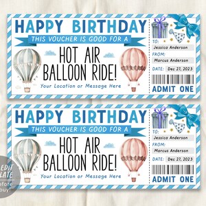 Hot Air Balloon Ticket Editable Template, Birthday Surprise Hot Air Balloon Gift Certificate Reveal For Him, Voucher Experience Coupon