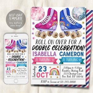 Roller Skating Joint Siblings Double Birthday Invitation Editable Template, Boy Girl Roller Skate Party Invite, Rollerskating Rink Evite