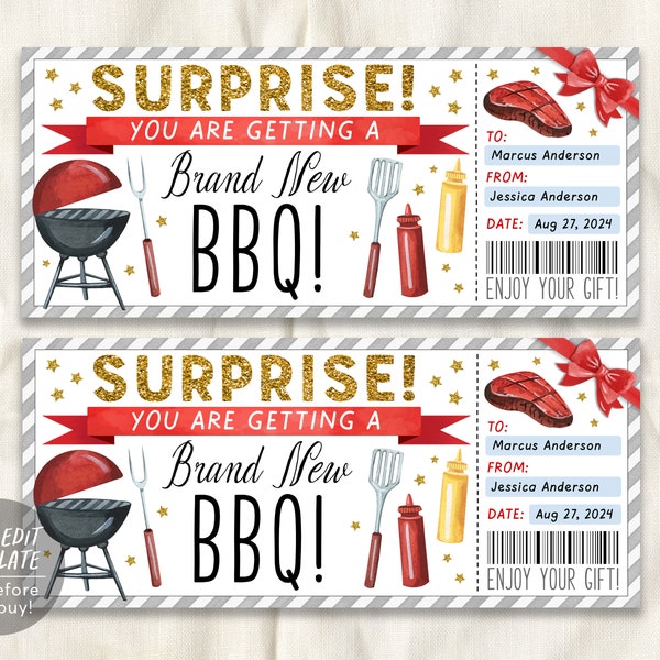 BBQ Voucher Gift Certificate Editable Template, Surprise Brand New BBQ Grill For Husband, Barbecue Dinner Meal Coupon Ticket Outdoor Cooking