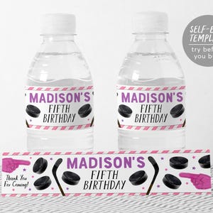 Modèle éditable d'étiquettes de bouteille d'eau de hockey sur glace, étiquettes de boisson d'emballage de bouteille de fête d'anniversaire de fille de hockey sur glace, thème de sports d'enfants