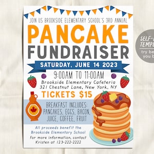 Pancake Breakfast Fundraiser Flyer Editable Template, Flapjacks Brunch Event, School PTO PTA Church Charity Community School Benefit Work