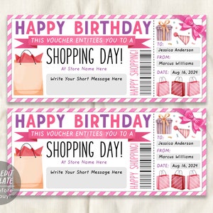 Birthday Shopping Spree Gift Certificate Editable Template, Surprise Shopping Day Trip Voucher Ticket For Girlfriend Wife Mom Printable