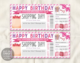 Birthday Shopping Spree Gift Certificate Editable Template, Surprise Shopping Day Trip Voucher Ticket For Girlfriend Wife Mom Printable