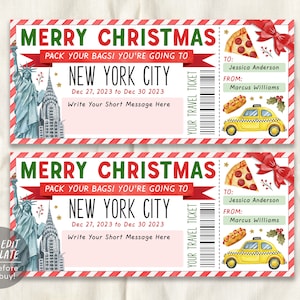 New York City Trip Ticket bearbeitbare Vorlage, Weihnachtsüberraschungs-Reise-Urlaubs-Geschenkgutschein, NYC-Reise enthüllen, Packen Sie Ihre Taschen Urlaub