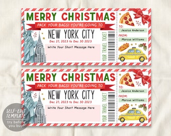 New York City Trip Ticket Editable Template, Christmas Surprise Travel Vacation Gift Certificate, NYC Trip Reveal, Pack Your Bags Holiday