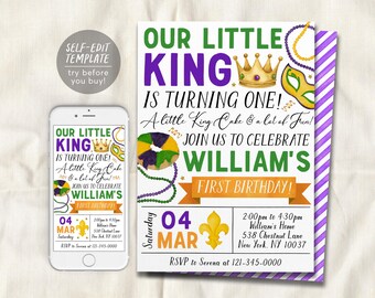 Mardi Gras Birthday Invitation Editable Template, Our Little King Kids Mardi Gras Fat Tuesday Theme Party Invite, New Orleans King Cake