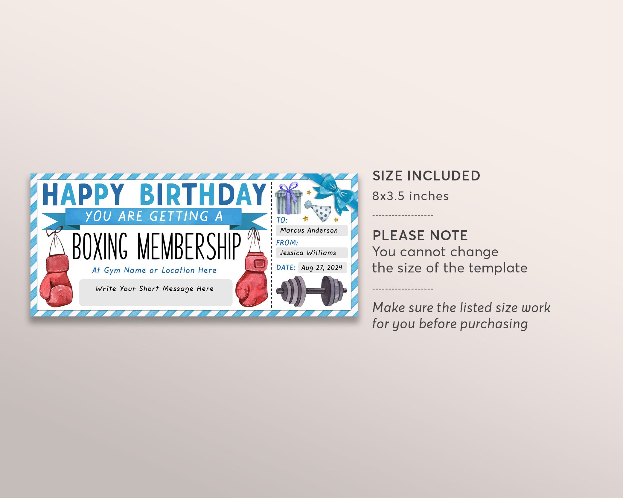 Boxing Membership Ticket Editable Template, Birthday Surprise Boxing ...
