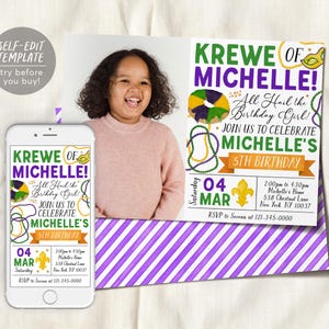 Mardi Gras Birthday Invitation With Photo Editable Template, Kids Mardi Gras Fat Tuesday Theme Party Invite, New Orleans King Cake Evite