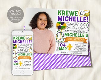 May include: A printable invitation for a 5th birthday party with a Mardi Gras theme. The invitation features a purple, green, and gold color scheme with a photo of a child in a pink shirt. The text on the invitation reads "Krewe of Michelle! All Hail the Birthday Girl! Join us to celebrate Michelle's 5th Birthday." The invitation also includes the date, time, and location of the party.