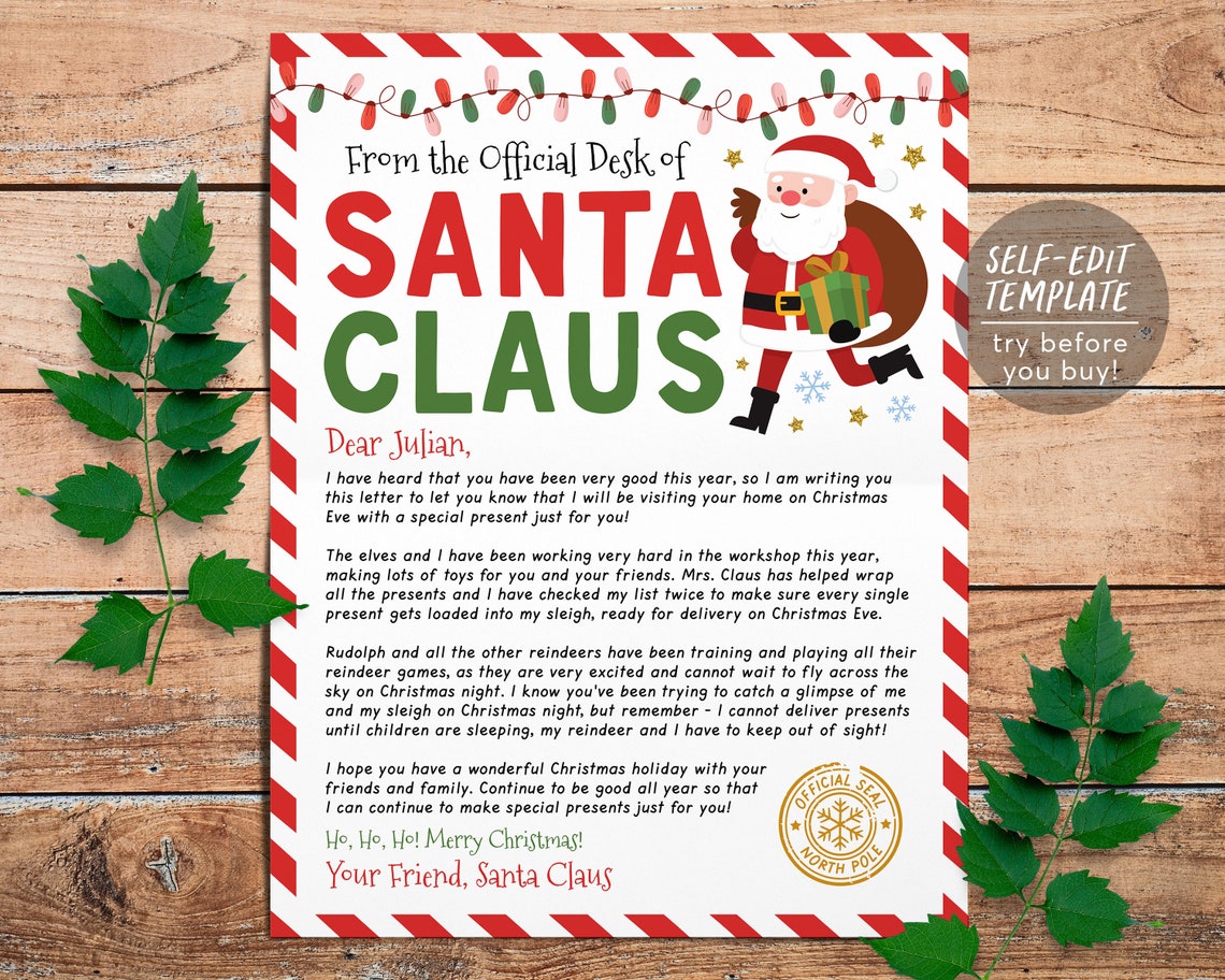 Letter From Santa Editable Template Personalized DIY Official - Etsy