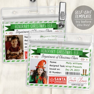 Elf Badge bewerkbare sjabloon, verloren elf-licentie, kerstman's helper, ere-elf-ID, Santa Cam Elf Surveillance Team vakantieactiviteit
