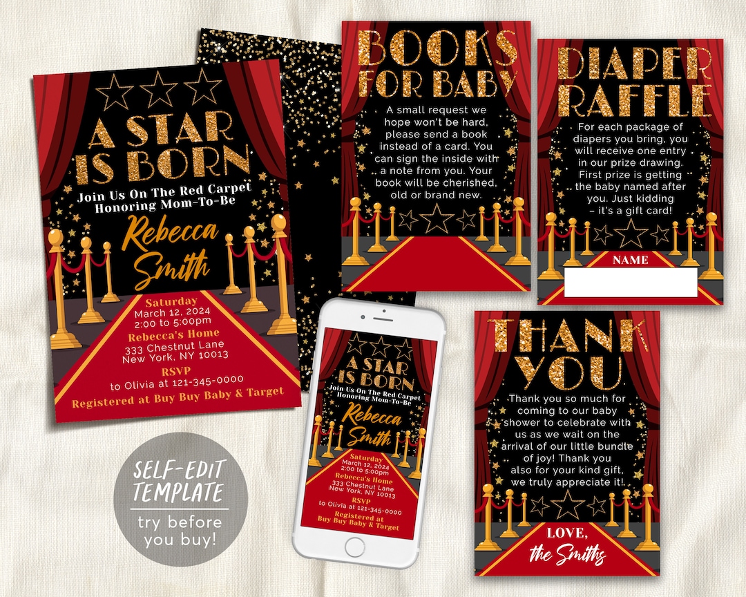 Red Carpet Baby Shower Invitation BUNDLE Suite Set Editable Template