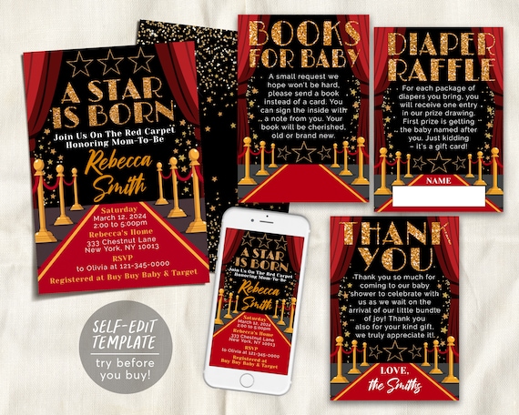 Red Carpet Baby Shower Invitation BUNDLE Suite Set Editable Template, Hollywood Movie Glam Diaper Raffle, Books For Baby, Thank You Note